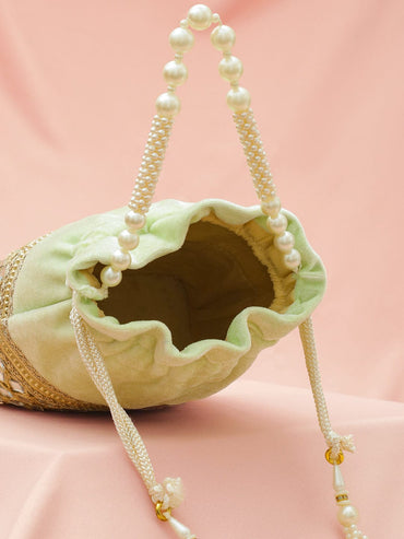 Rubans Pastel Mint Green Velvet Potli Bag with Pearl Handle, Mirror Embroidery & Tassel Detailing Bags