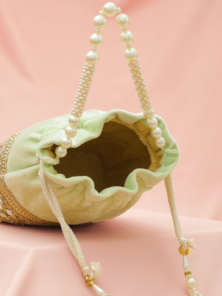 Rubans Pastel Mint Green Velvet Potli Bag with Pearl Handle, Mirror Embroidery & Tassel Detailing Bags