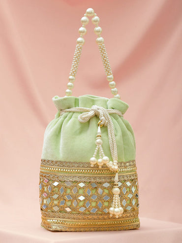 Rubans Pastel Mint Green Velvet Potli Bag with Pearl Handle, Mirror Embroidery & Tassel Detailing Bags