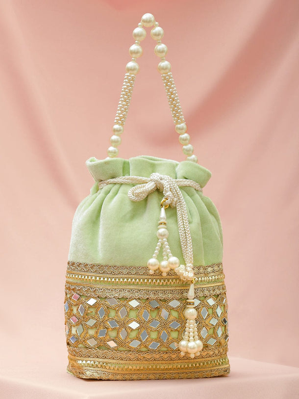 Rubans Pastel Mint Green Velvet Potli Bag with Pearl Handle, Mirror Embroidery & Tassel Detailing Bags