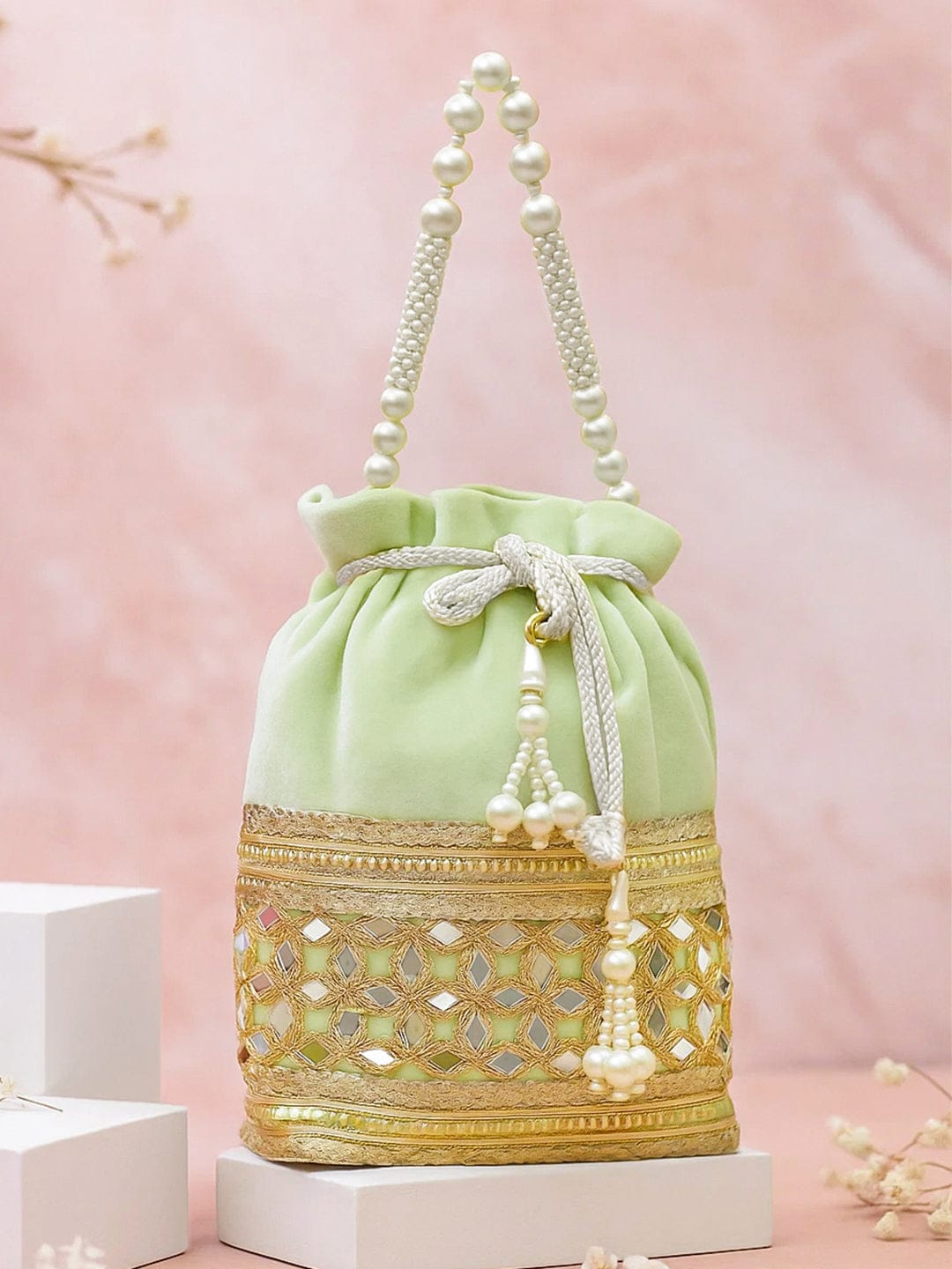 Rubans Pastel Mint Green Velvet Potli Bag with Pearl Handle, Mirror Embroidery & Tassel Detailing Bags