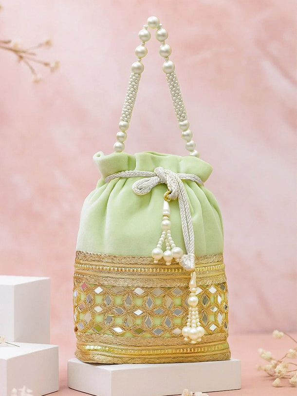 Rubans Pastel Mint Green Velvet Potli Bag with Pearl Handle, Mirror Embroidery & Tassel Detailing Bags