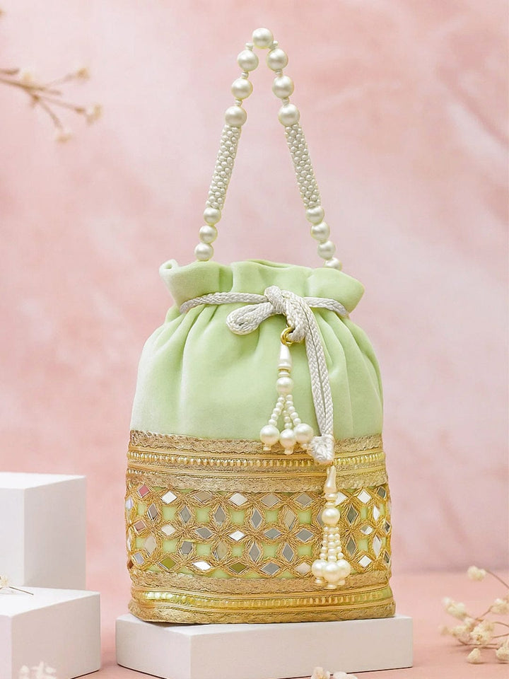 Rubans Pastel Mint Green Velvet Potli Bag with Pearl Handle, Mirror Embroidery & Tassel Detailing Bags