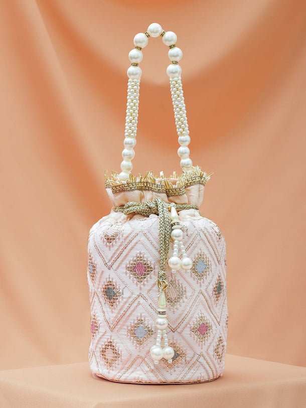 Rubans Pastel Pink Fabric Potli Bag with Multicolor Embroidery, Pearl Beaded Handle & Golden Tassel Bags