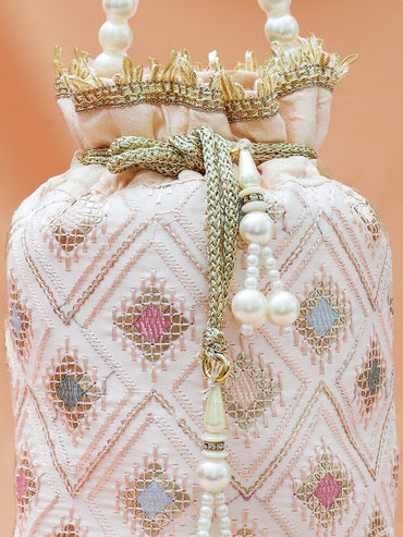 Rubans Pastel Pink Fabric Potli Bag with Multicolor Embroidery, Pearl Beaded Handle & Golden Tassel Bags