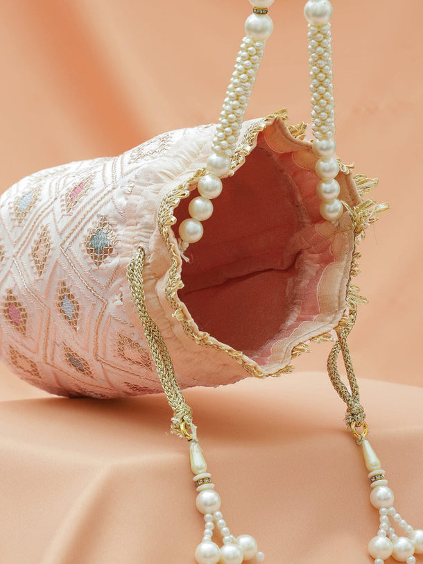 Rubans Pastel Pink Fabric Potli Bag with Multicolor Embroidery, Pearl Beaded Handle & Golden Tassel Bags