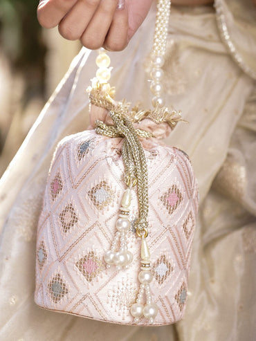 Rubans Pastel Pink Fabric Potli Bag with Multicolor Embroidery, Pearl Beaded Handle & Golden Tassel Bags