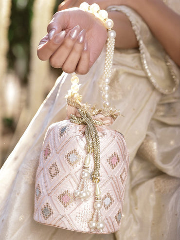 Rubans Pastel Pink Fabric Potli Bag with Multicolor Embroidery, Pearl Beaded Handle & Golden Tassel Bags