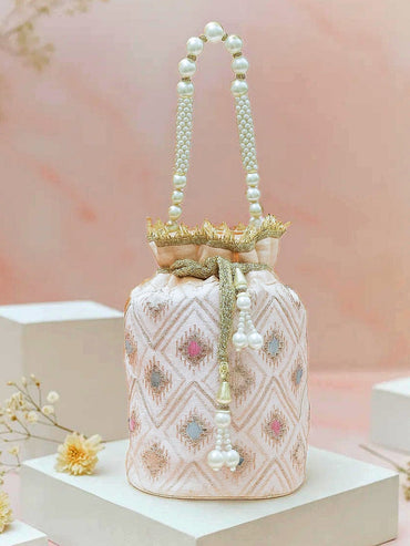 Rubans Pastel Pink Fabric Potli Bag with Multicolor Embroidery, Pearl Beaded Handle & Golden Tassel Handbag, Wallet Accessories & Clutche