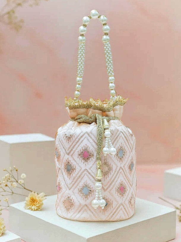 Rubans Pastel Pink Fabric Potli Bag with Multicolor Embroidery, Pearl Beaded Handle & Golden Tassel Handbag, Wallet Accessories & Clutche
