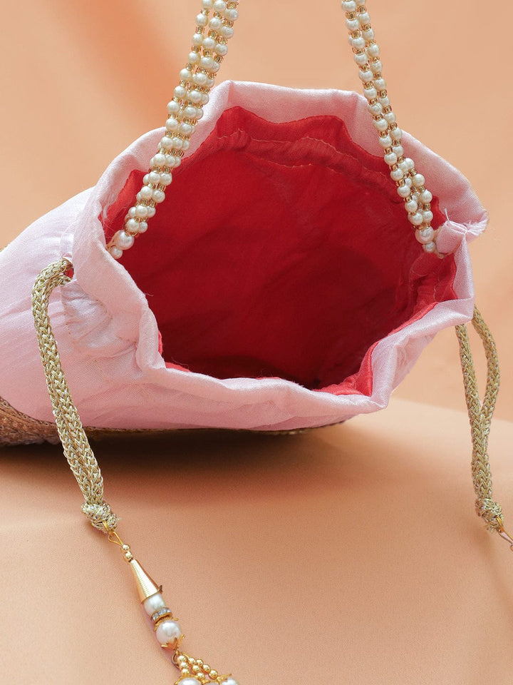 Rubans Pastel Pink Potli Bag with Golden Zari, Mirror & Floral Embroidery & Beaded Handle Bags