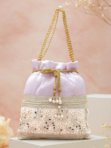 Rubans Pastel Pink Potli Bag with Golden Zari, Mirror & Floral Embroidery & Beaded Handle Bags