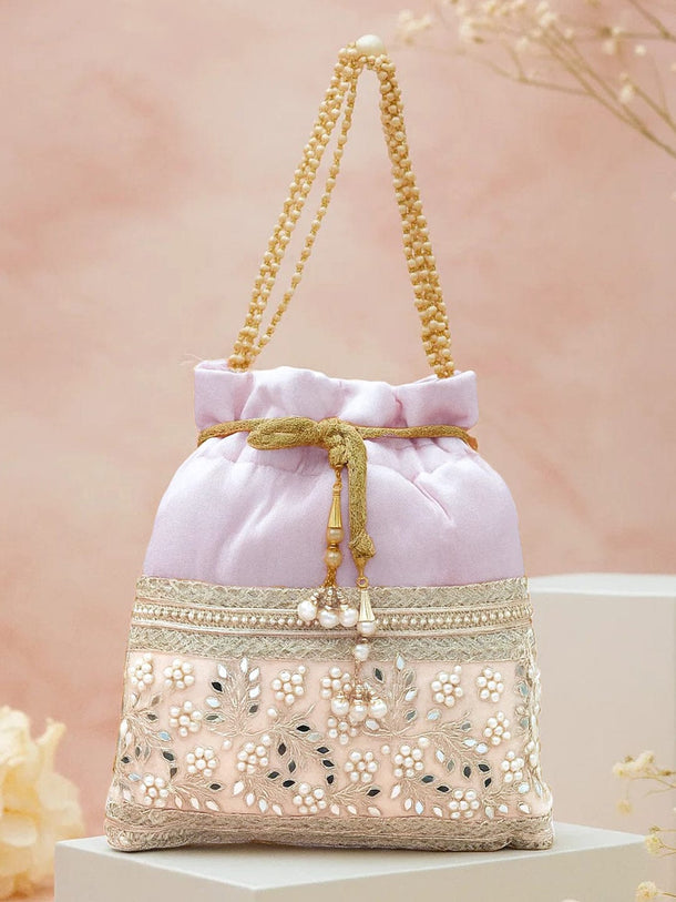 Rubans Pastel Pink Potli Bag with Golden Zari, Mirror & Floral Embroidery & Beaded Handle Bags