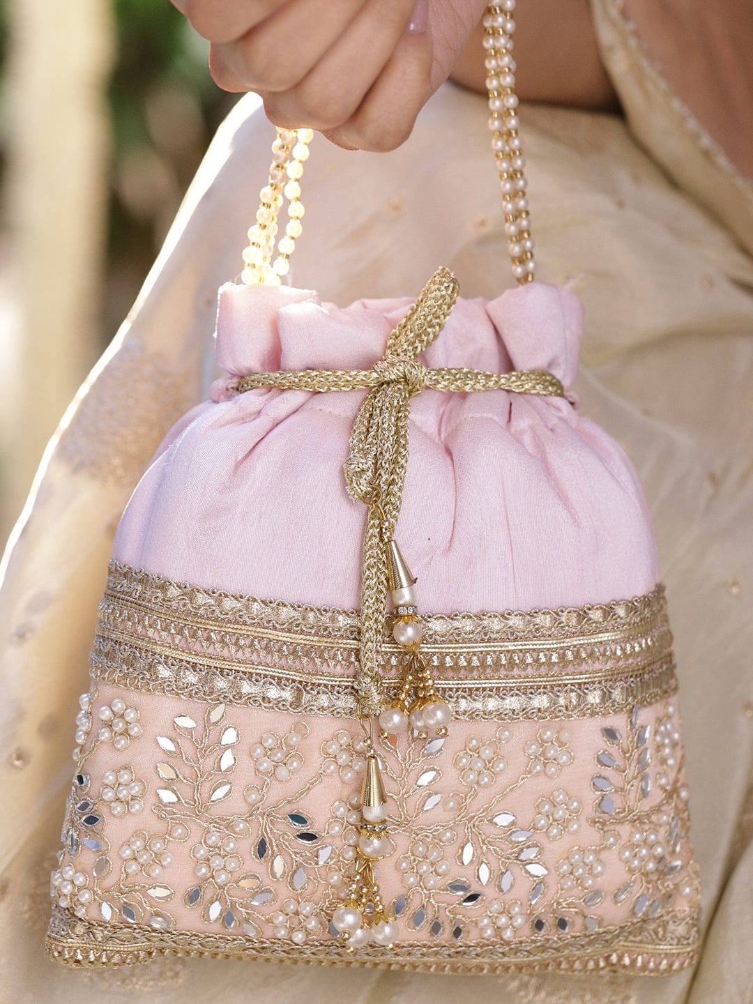 Rubans Pastel Pink Potli Bag with Golden Zari, Mirror & Floral Embroidery & Beaded Handle Bags