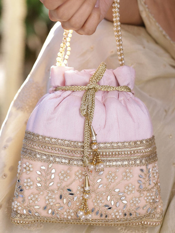 Rubans Pastel Pink Potli Bag with Golden Zari, Mirror & Floral Embroidery & Beaded Handle Bags