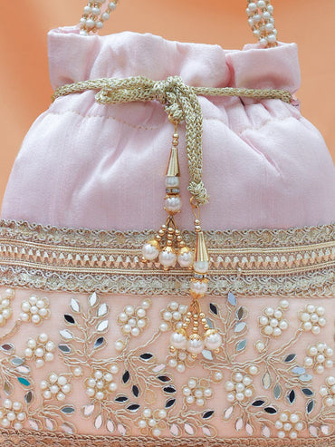Rubans Pastel Pink Potli Bag with Golden Zari, Mirror & Floral Embroidery & Beaded Handle Bags