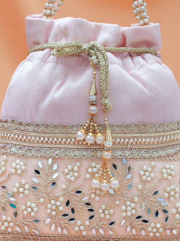 Rubans Pastel Pink Potli Bag with Golden Zari, Mirror & Floral Embroidery & Beaded Handle Bags