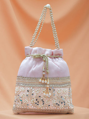 Rubans Pastel Pink Potli Bag with Golden Zari, Mirror & Floral Embroidery & Beaded Handle Bags