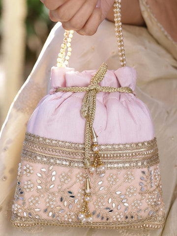 Rubans Pastel Pink Potli Bag with Golden Zari, Mirror & Floral Embroidery & Beaded Handle Handbag, Wallet Accessories & Clutche