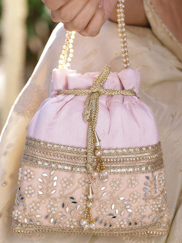 Rubans Pastel Pink Potli Bag with Golden Zari, Mirror & Floral Embroidery & Beaded Handle Handbag, Wallet Accessories & Clutche