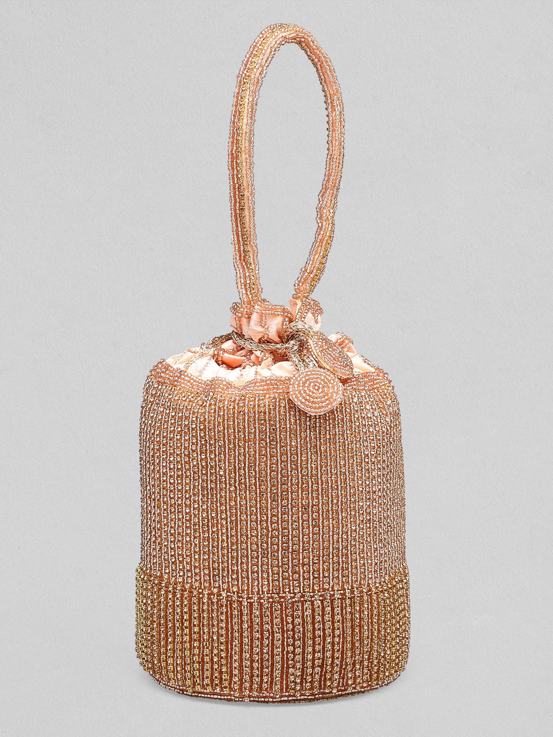 Rubans Peach Coloured Potli Bag With Golden Embroided Design. Handbag & Wallet Accessories