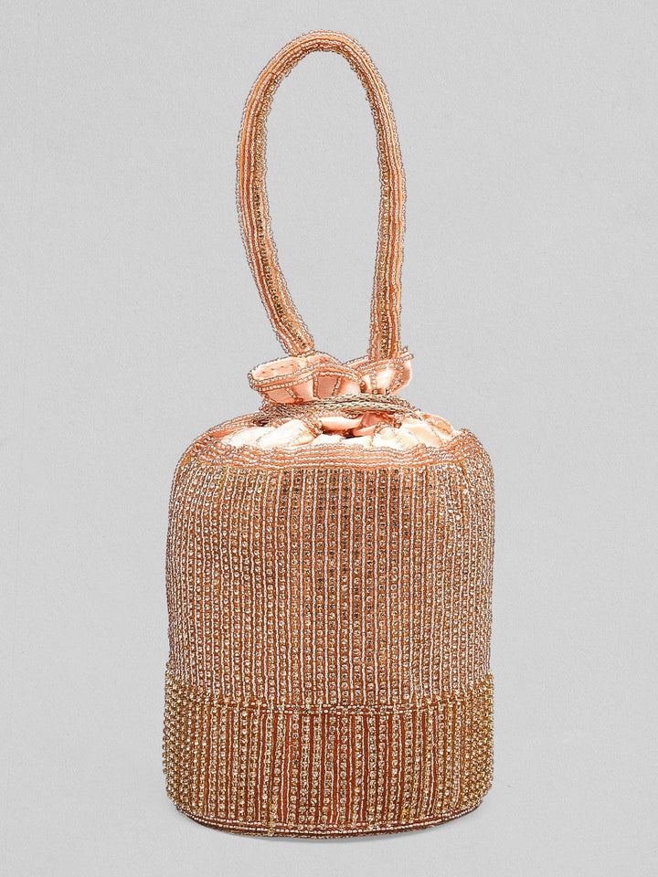 Rubans Peach Coloured Potli Bag With Golden Embroided Design. Handbag & Wallet Accessories