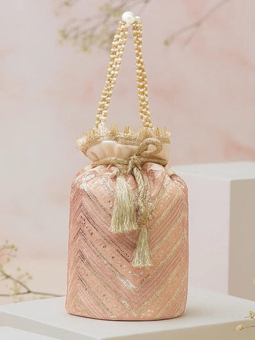 Rubans Peach Pink Sequin Embellished Potli Bag with Pearl Handle & Golden Beaded Tassel Detailing Handbag, Wallet Accessories & Clutche