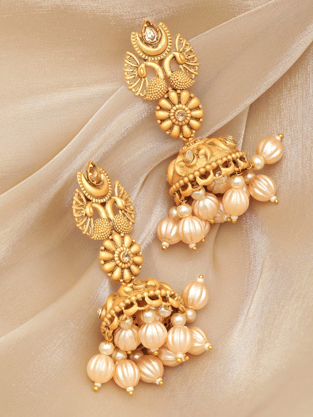 Rubans Peacock Gold Earrings with Beads Hanging Jhumka Earrings