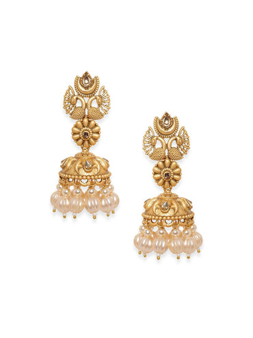 Rubans Peacock Gold Earrings with Beads Hanging Jhumka Earrings