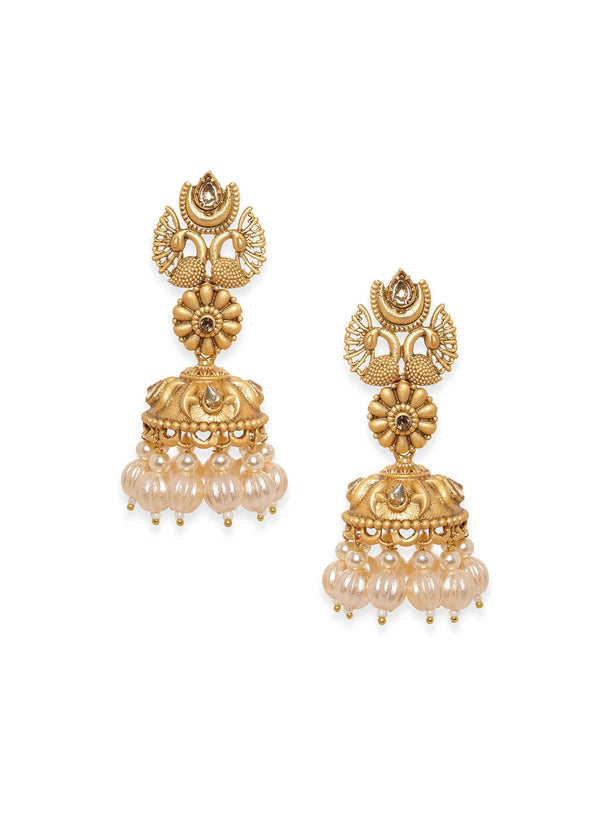Rubans Peacock Gold Earrings with Beads Hanging Jhumka Earrings