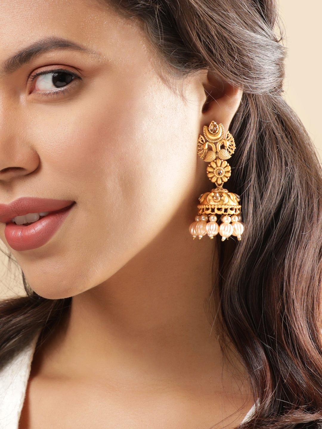 Rubans Peacock Gold Earrings with Beads Hanging Jhumka Earrings