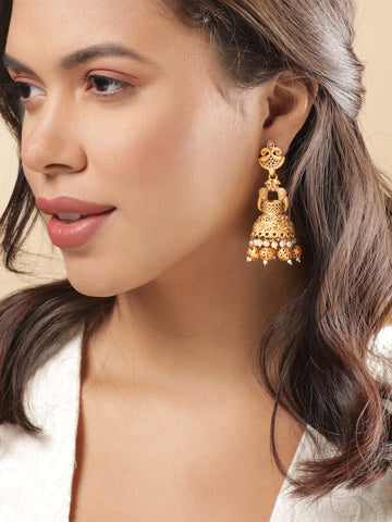 Rubans Peacock Gold Jhumka with Matte Finish and Golden Beads Hanging Earrings