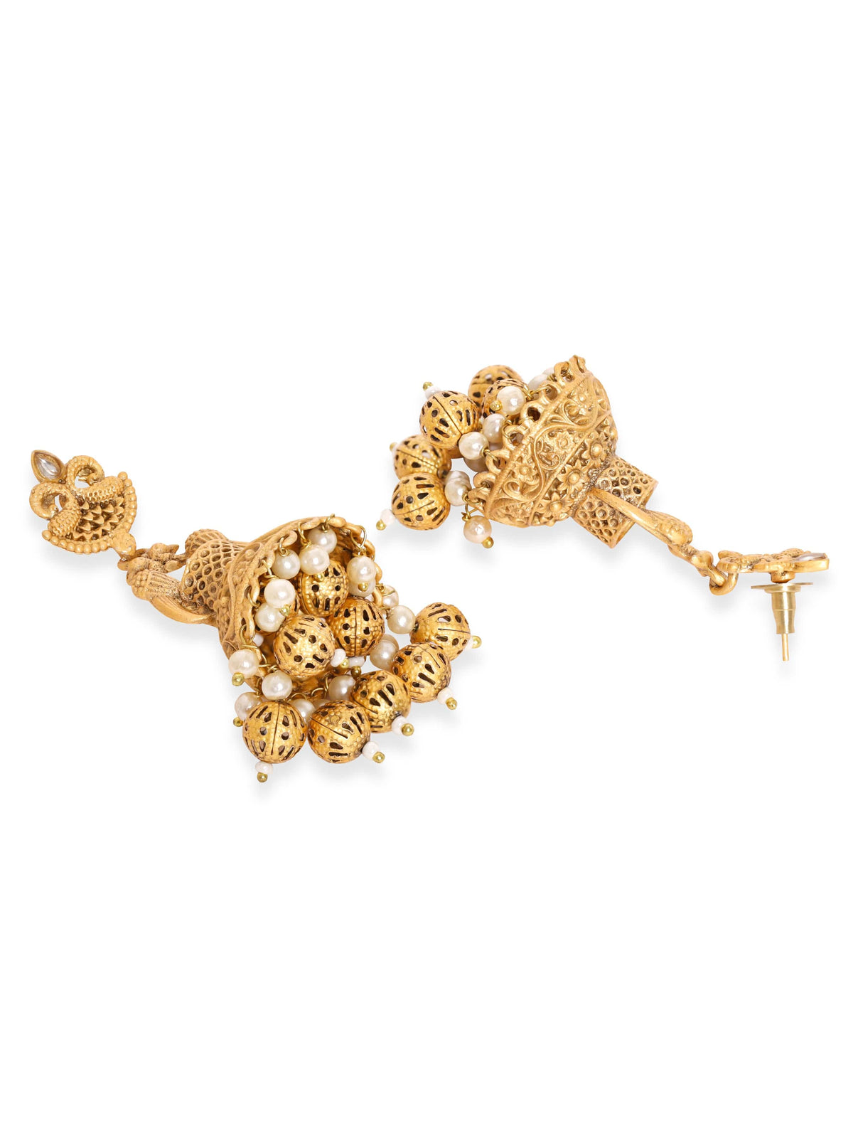 Rubans Peacock Gold Jhumka with Matte Finish and Golden Beads Hanging Earrings