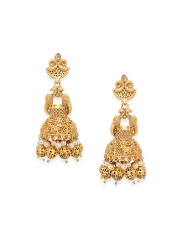 Rubans Peacock Gold Jhumka with Matte Finish and Golden Beads Hanging Earrings