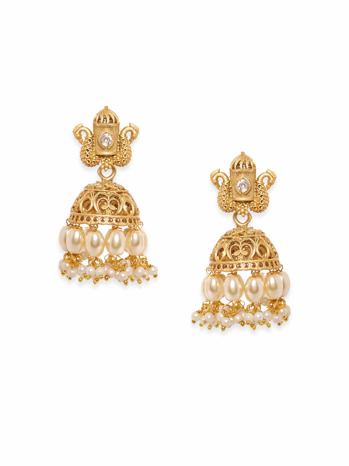 Rubans Peacock Gold Jhumka with Matte Finish and white Beads Hanging Earrings