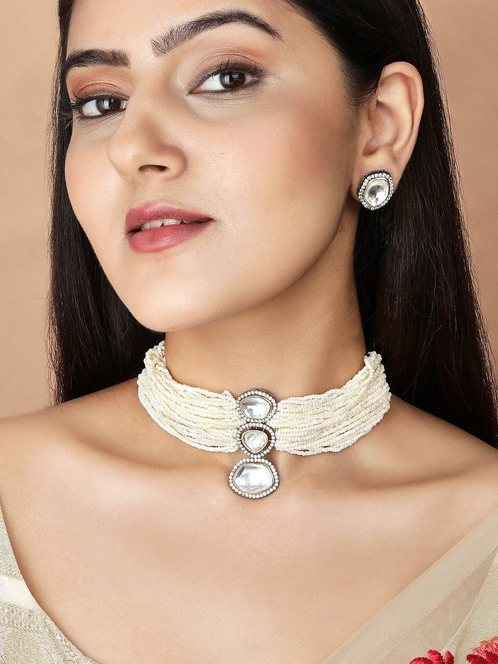 Rubans Pearl Choker Set With Kundan Stone Studded Necklace Set