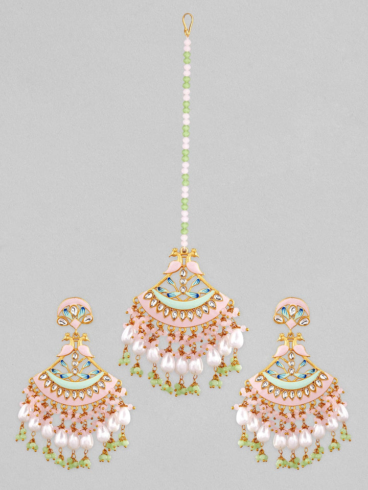 Rubans Pink And Green Enamelled Mangtikka And Earring Set Jewelry Sets
