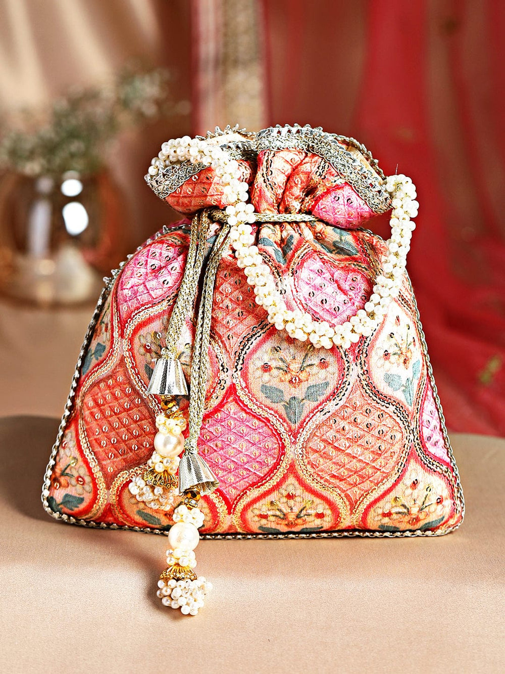 Rubans Pink And Orange Coloured Potlibag With Print And Pearls Handbag & Wallet Accessories