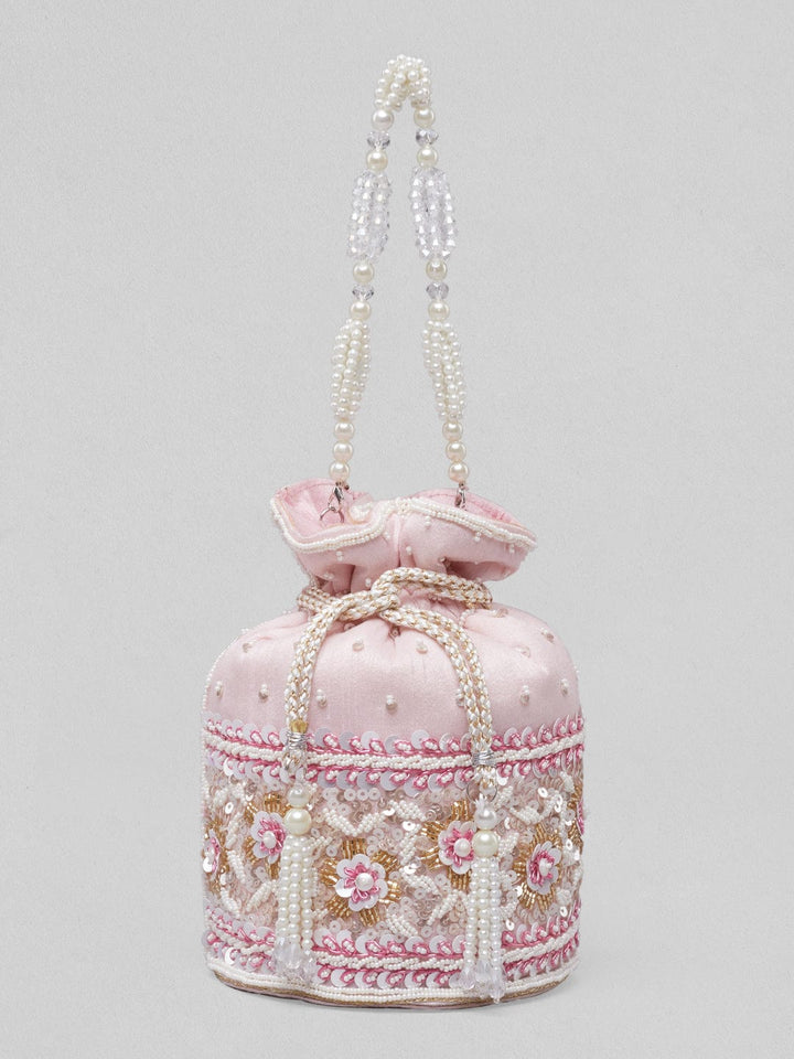 Rubans Pink Coloured Potli Bag With Golden And White Embroided Design. Handbag & Wallet Accessories