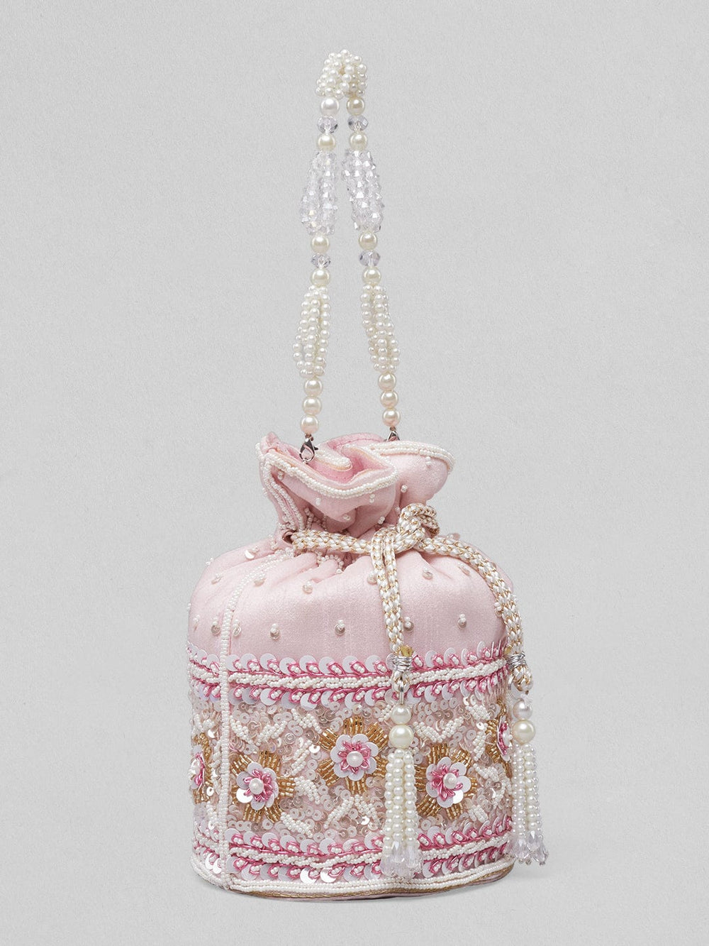 Rubans Pink Coloured Potli Bag With Golden And White Embroided Design. Handbag & Wallet Accessories
