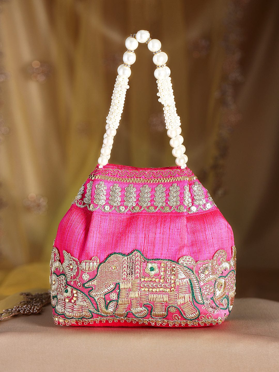 Rubans Pink Coloured Potli Bag With Golden Embroidery Design Handbag, Wallet Accessories & Clutche