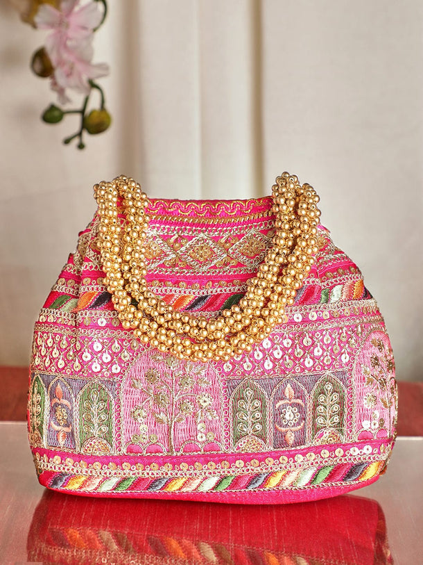 Rubans Pink Coloured Potli Bag With Multicoloured Embroidery Design Handbag & Wallet Accessories