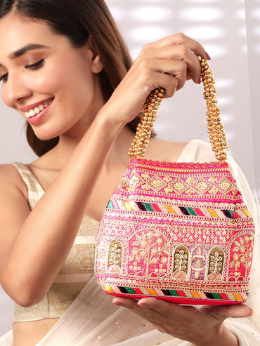 Rubans Pink Coloured Potli Bag With Multicoloured Embroidery Design Handbag, Wallet Accessories & Clutches