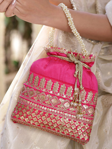 Rubans Pink & Gold Embroidered Potli Bag with Pearl Handle & Beaded Tassel Detailing Bags