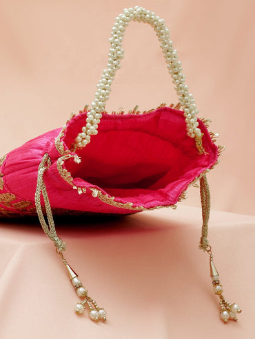 Rubans Pink & Gold Embroidered Potli Bag with Pearl Handle & Beaded Tassel Detailing Bags