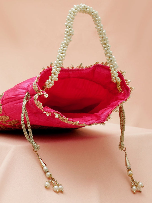 Rubans Pink & Gold Embroidered Potli Bag with Pearl Handle & Beaded Tassel Detailing Bags