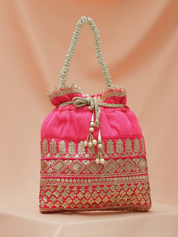 Rubans Pink & Gold Embroidered Potli Bag with Pearl Handle & Beaded Tassel Detailing Bags