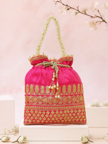 Rubans Pink & Gold Embroidered Potli Bag with Pearl Handle & Beaded Tassel Detailing Bags