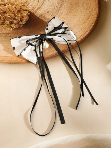 Rubans Polka Dot Mesh Bow Hair Clip with Pearl Drop & Ribbon Tails â€“ Chic & Elegant Hair Accessory