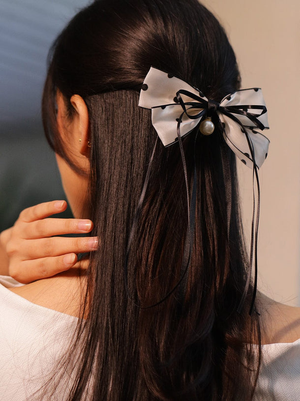 Rubans Polka Dot Mesh Bow Hair Clip with Pearl Drop & Ribbon Tails â€“ Chic & Elegant Hair Accessory